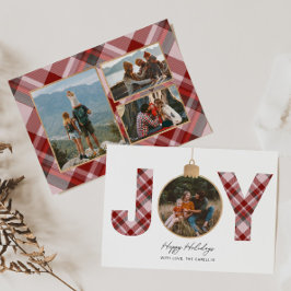 Tarjeta Festiva JOY Pink Plaid Multi Photo Holiday Card