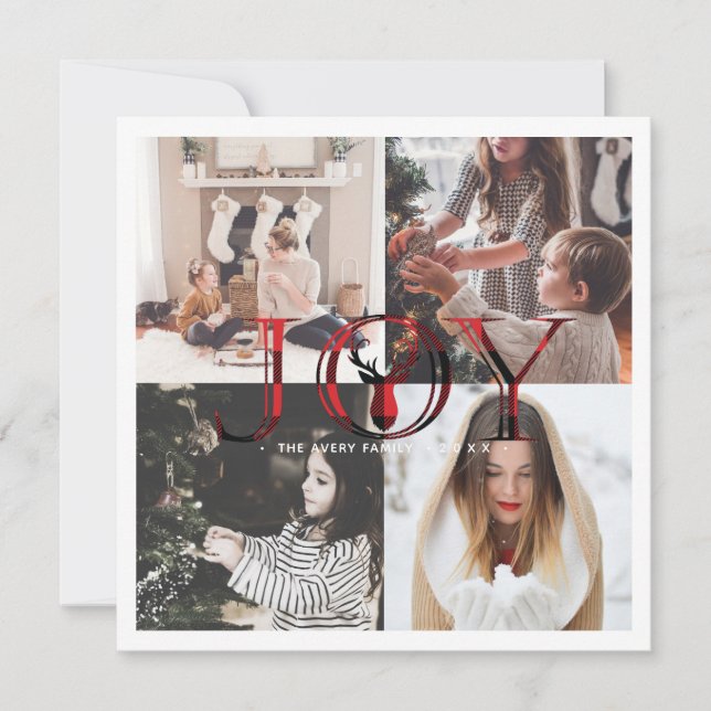 Tarjeta Festiva Joy Plaid 4 Collage de fotos (Anverso)