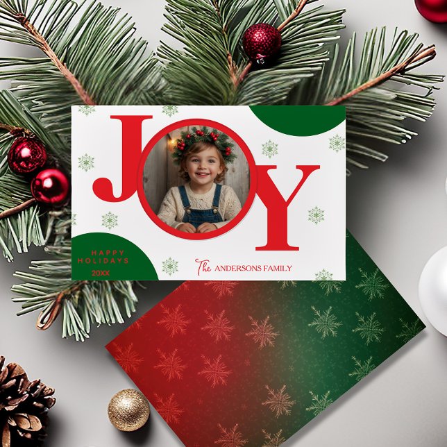 Tarjeta Festiva JOY Red & Green Modern Photo Family (JOY Red & Green Modern Photo Family Holiday Card)