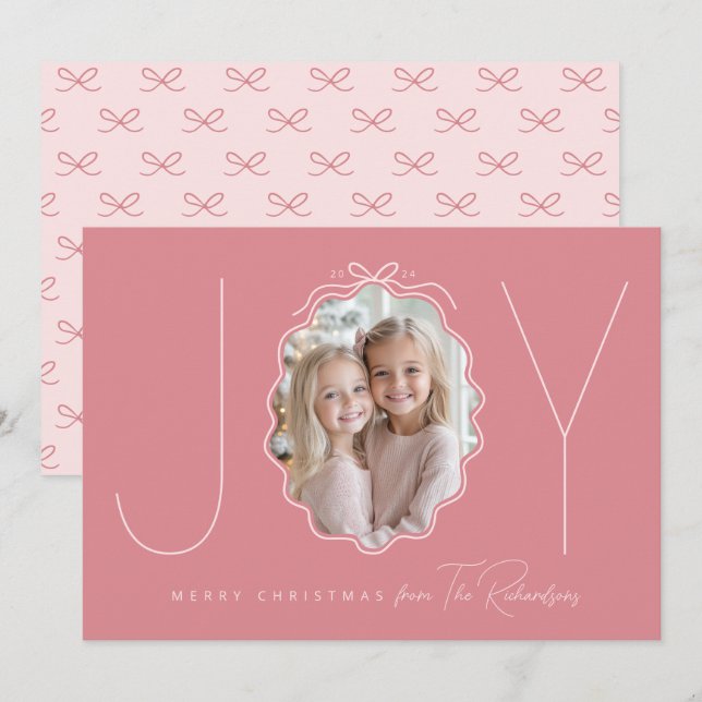 Tarjeta Festiva JOY Simple Bow Wavy Photo Navidades (Anverso / Reverso)