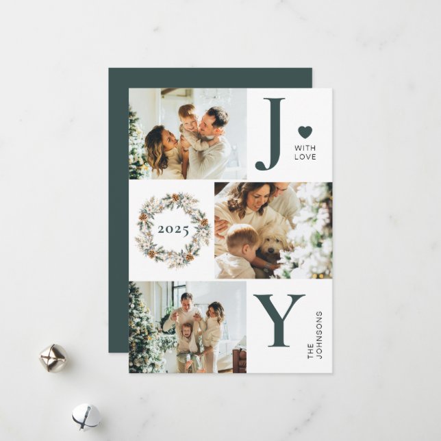 Tarjeta Festiva Joy Stylish 3 Collage de fotos | Navidades verdes  (Anverso/Reverso In Situ)