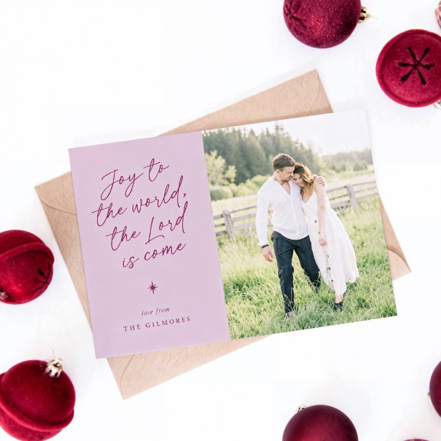 Tarjeta Festiva Joy to the World Handwriting Religious Christmas ("Joy to the World" handwritten Christmas photo card in pink)