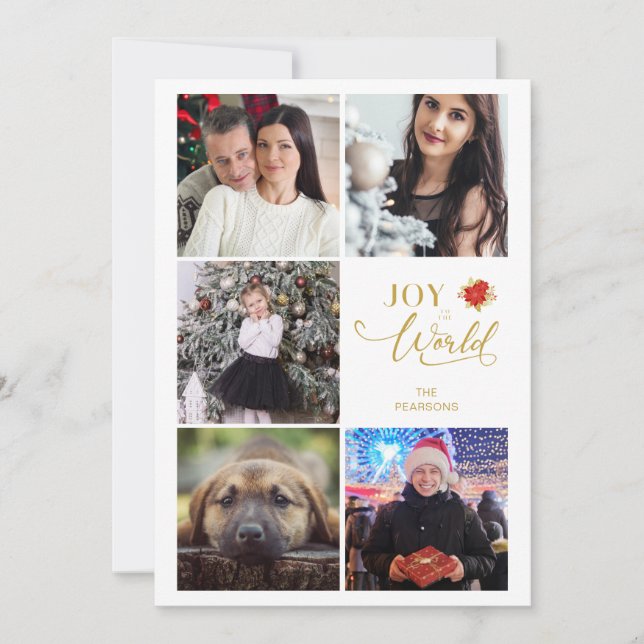Tarjeta Festiva Joy To the World Poinsettias Collage 5 fotos (Anverso)