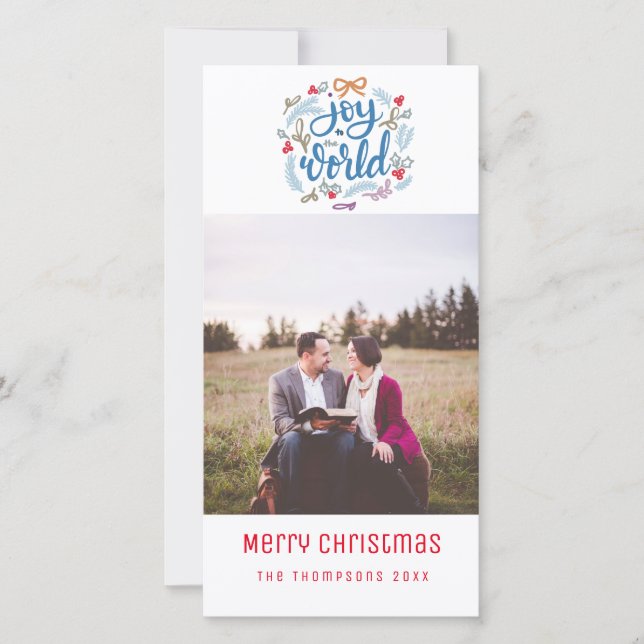 Tarjeta Festiva Joy to the World script Christmas Photo Card (Anverso)