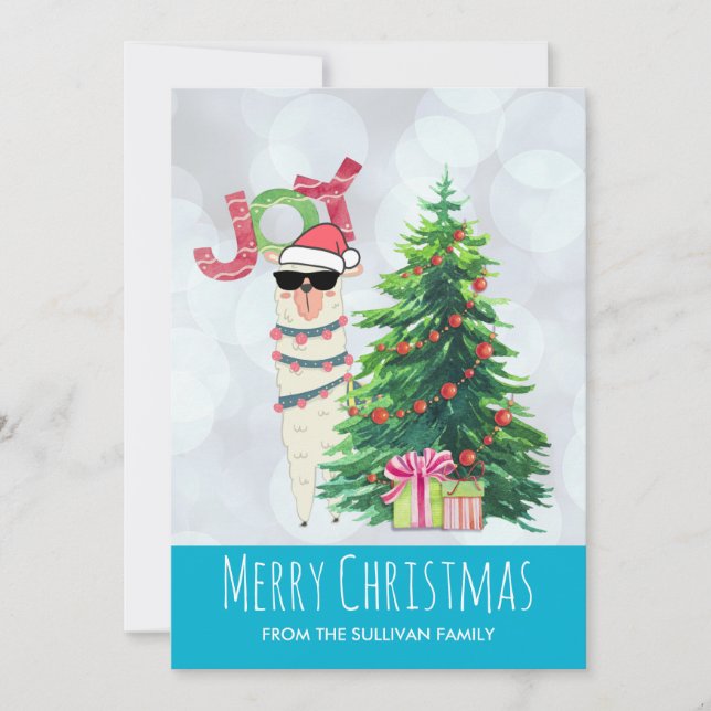 Tarjeta Festiva Joy Typography | Christmas Llama behind a Tree (Anverso)