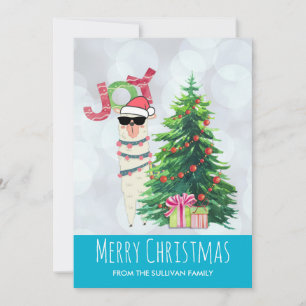 Tarjeta Festiva Joy Typography Christmas Llama behind a Tree