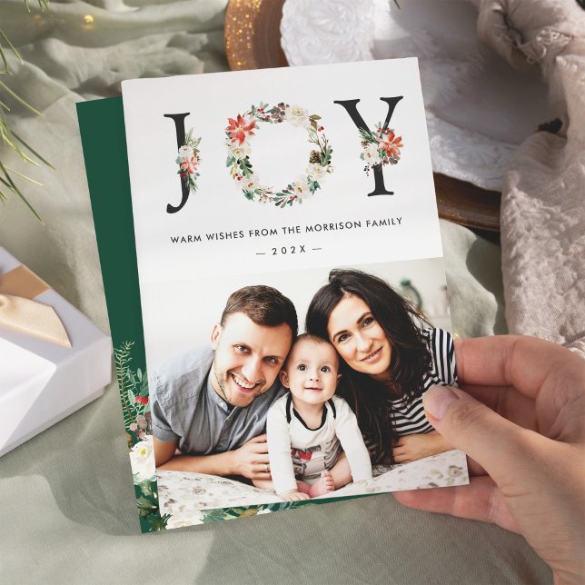 Tarjeta Festiva JOY Typography Navidades florales de Poinsettia (Subido por el creador)