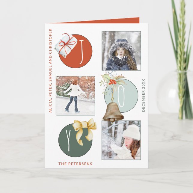 Tarjeta Festiva JOY Typography Navidades modernos 4 Collage de fot (Anverso)