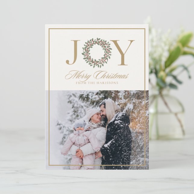 Tarjeta Festiva Joy Wreath Christmas Photo Card (Anverso de pie)