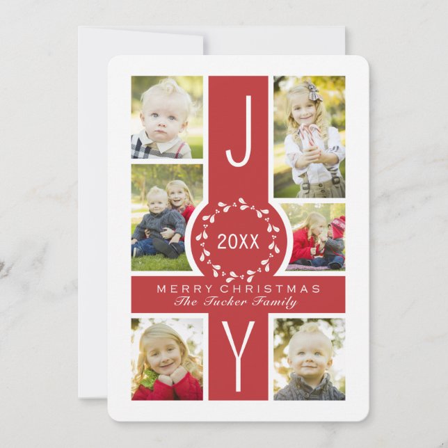 Tarjeta Festiva Joy Wreath Monogram Navidades Collage Photo Card (Anverso)