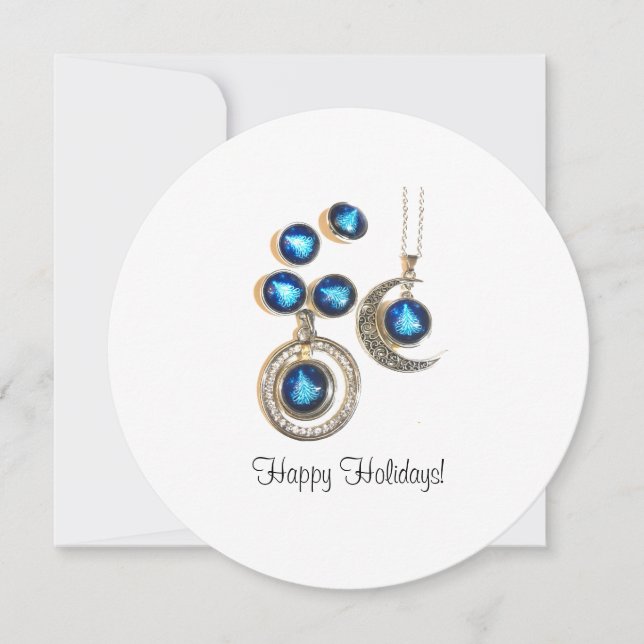 Tarjeta Festiva joyas navidades Árbol azul negro brillante Luna (Anverso)