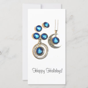 Tarjeta Festiva joyas navidades Árbol azul negro brillante Luna