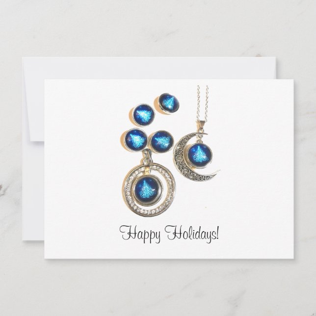 Tarjeta Festiva joyas navidades Árbol azul negro brillante Luna (Anverso)
