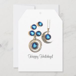 Tarjeta Festiva joyas navidades Árbol azul negro brillante Luna
