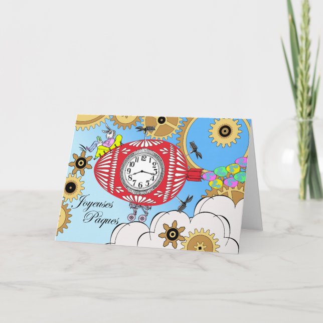 Tarjeta Festiva Joyeuses Paques, Steampunk Pascua en francés (Anverso)