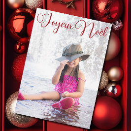 Tarjeta Festiva Joyeux Noël Chic Letra Roja Foto Familiar Francesa
