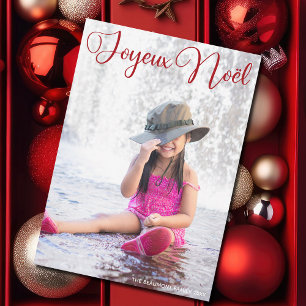Tarjeta Festiva Joyeux Noël Chic Red Script French Family Photo