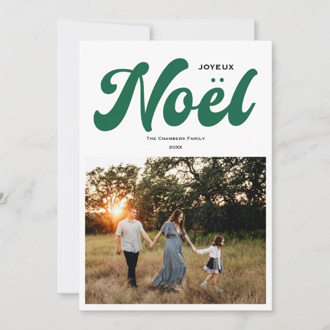 Tarjeta Festiva Joyeux Noel Diseño fotográfico brillante verde (Anverso)