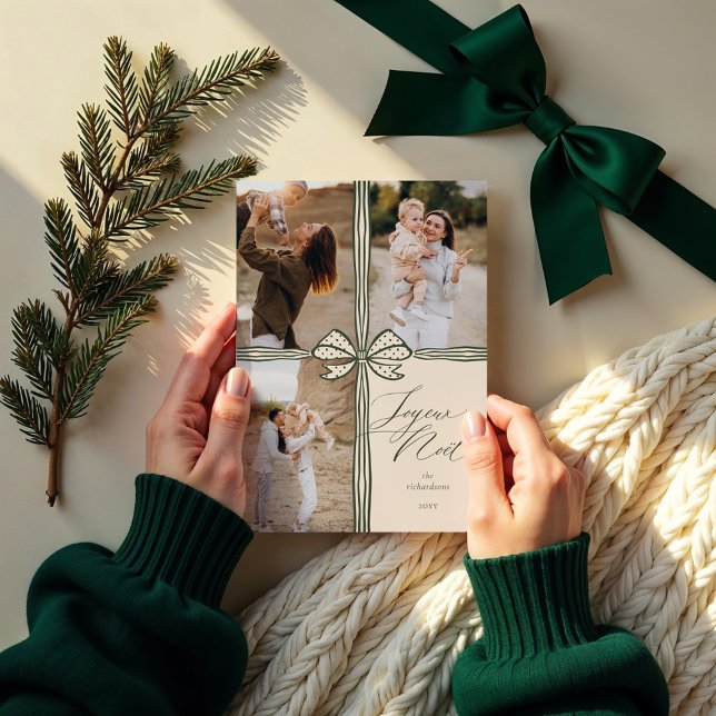 Tarjeta Festiva Joyeux Noël Elegant Bow Present Collage de fotos (Joyeux Noël Elegant Bow Present Photo Collage Holiday Card)