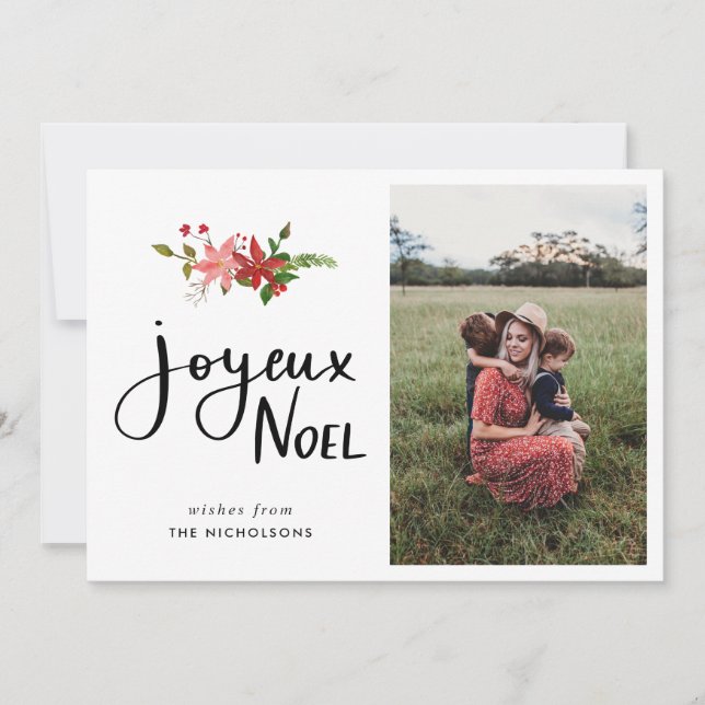 Tarjeta Festiva Joyeux Noel | Foto manuscrita de Poinsettia (Anverso)