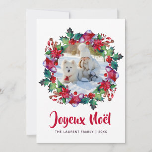 Tarjeta Festiva Joyeux Noël Holiday Stocking Floral Wreath Photo