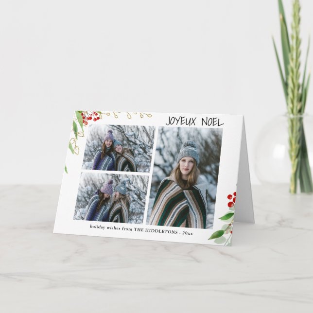 Tarjeta Festiva Joyeux Noel Modern Red Gold Berry | Foto múltiple (Anverso)