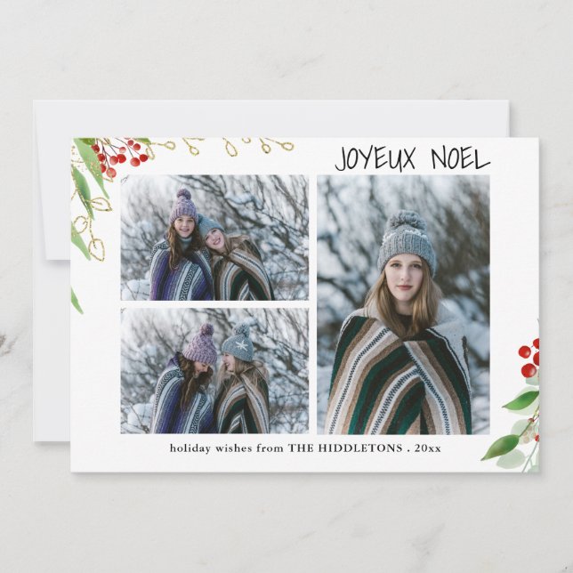 Tarjeta Festiva Joyeux Noel Modern Red Gold Berry | Foto múltiple (Anverso)