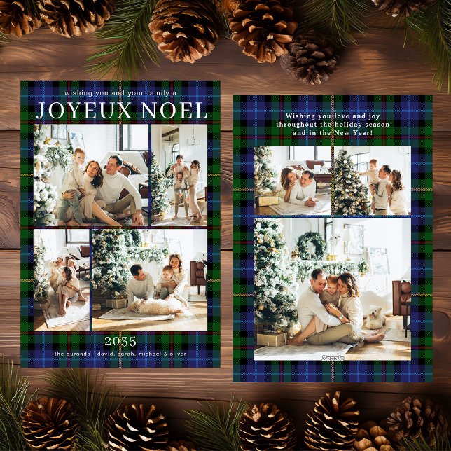 Tarjeta Festiva Joyeux Noel Multi Photo Green Plaid Holiday Card (Subido por el creador)