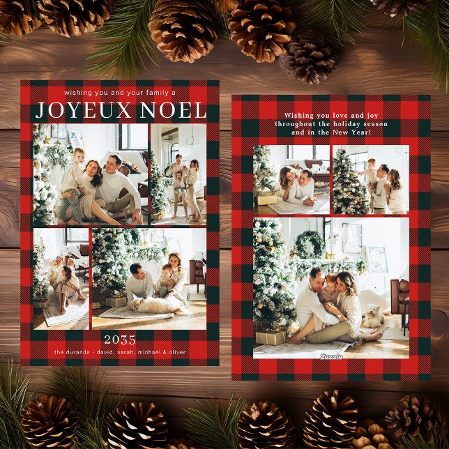 Tarjeta Festiva Joyeux Noel Multi Photo Red Buffalo Plaid (Subido por el creador)
