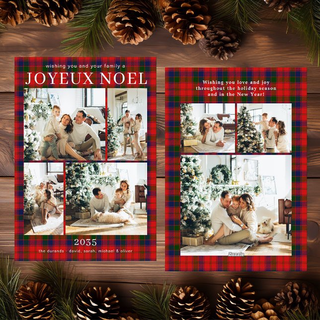 Tarjeta Festiva Joyeux Noel Multi Photo Red Plaid Holiday Card (Subido por el creador)
