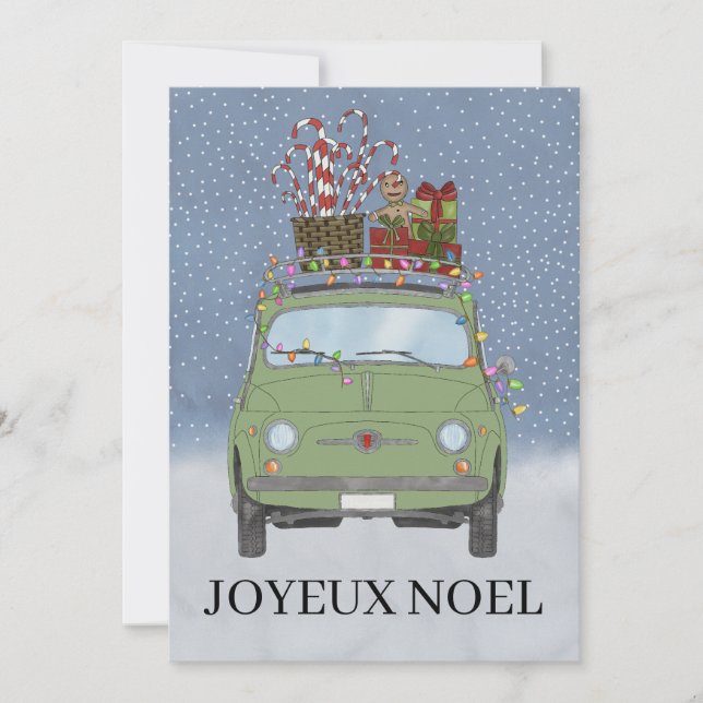 Tarjeta Festiva Joyeux noël Navidades franceses Green Fiat 500 (Anverso)