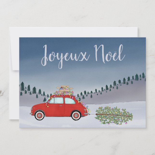 Tarjeta Festiva Joyeux noël Navidades franceses Red Fiat 500 (Anverso)