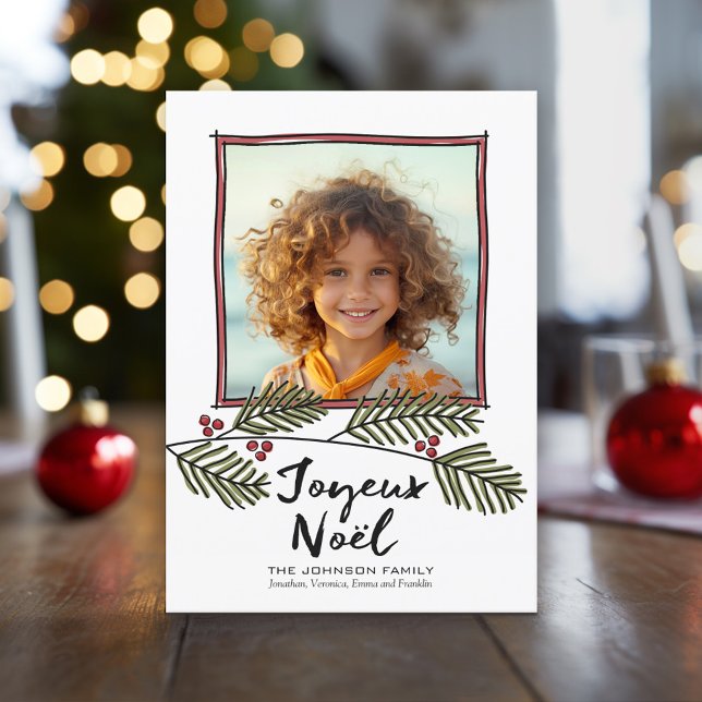 Tarjeta Festiva Joyeux Noel - Ramas de pinzas de fotos navideñas d (Holiday Photo Card with large script greeting)