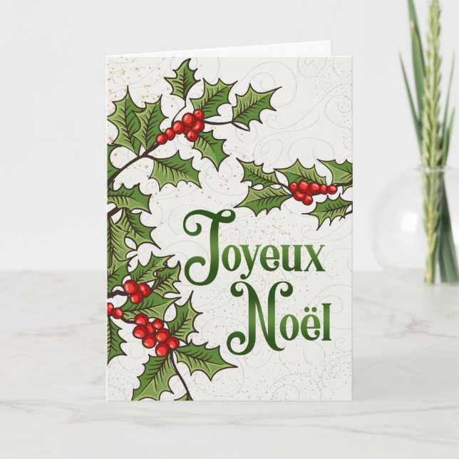 Tarjeta Festiva Joyeux Noel Red and Green Holly Berries (Anverso)