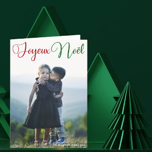 Tarjeta Festiva Joyeux Noël Red Green Script Foto de Familia Doble