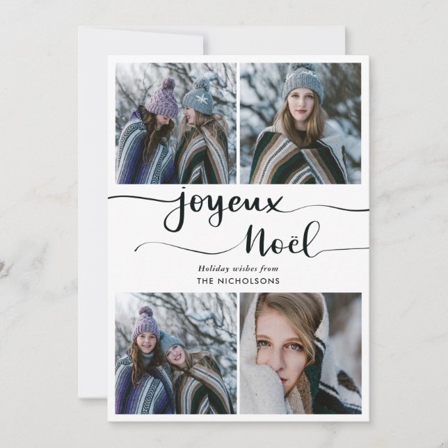 Tarjeta Festiva Joyeux Noel Script | Cuatro fotos de vacaciones (Anverso)