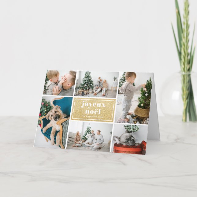Tarjeta Festiva Joyeux Noël Typography Purpurina Collage de fotos (Anverso)