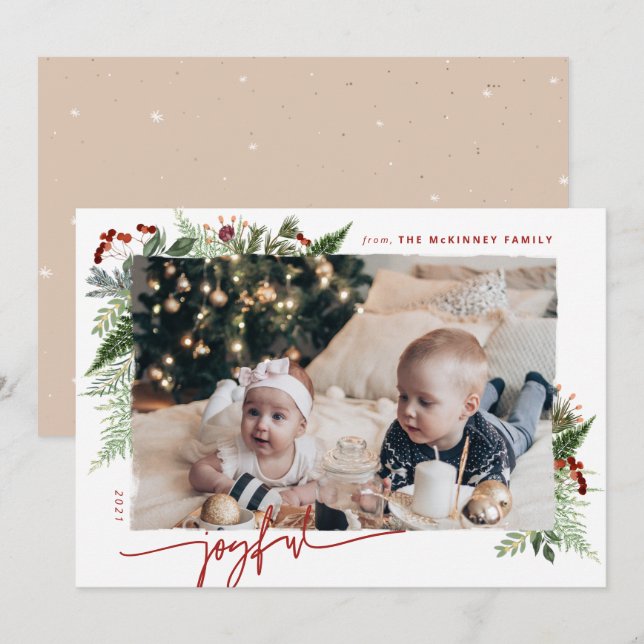 Tarjeta Festiva JOYFUENTE escritura moderna Boho Greenery Burgundy (Anverso / Reverso)