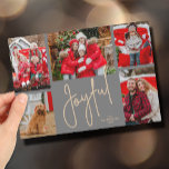 Tarjeta Festiva JOYFUL 5 Navidades de fotografía<br><div class="desc">Las tarjetas de vacaciones de Navidades multifotográficos incluyen sus nombres y la palabra Joyful en letras de moda en un fondo de cuadrícula gris único. Sólo tienes que subir tus 5 fotos favoritas y añadir tu personalización al fondo. Seleccione Alta Definición para obtener la mejor calidad de las fotos. El...</div>