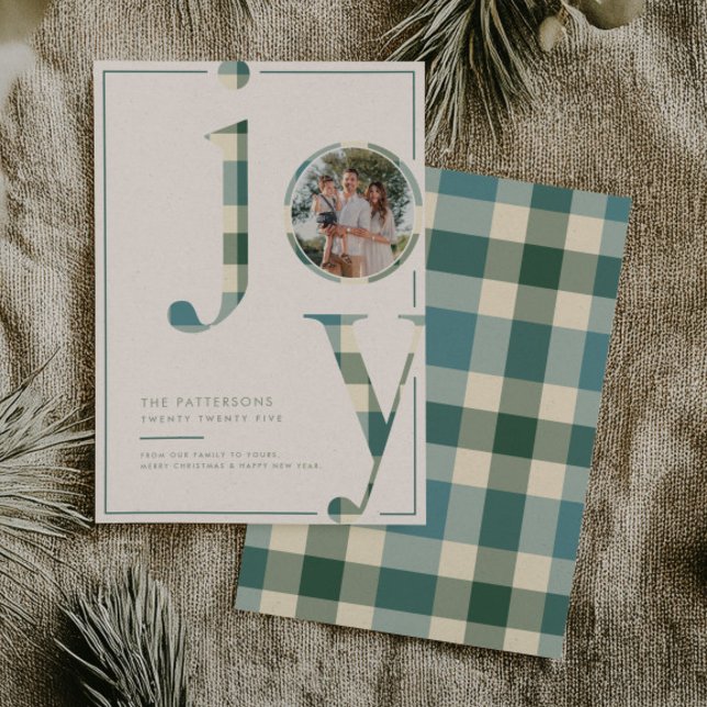 Tarjeta Festiva Joyful Blue Green Plaid Family Photo Christmas (Subido por el creador)