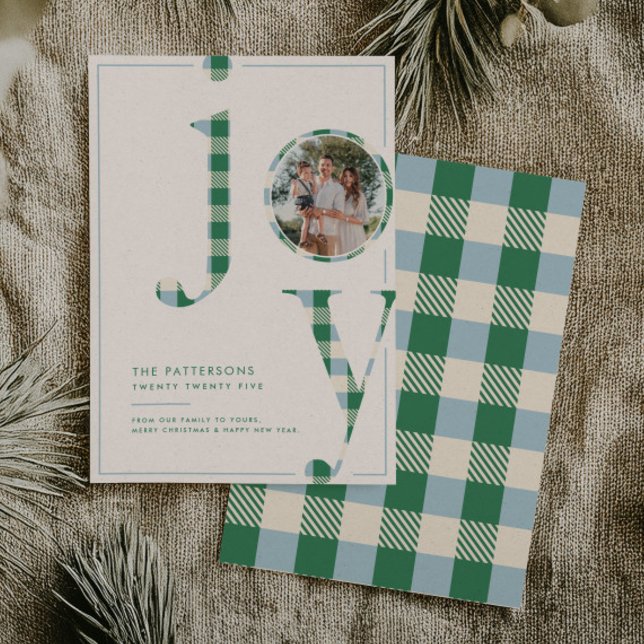 Tarjeta Festiva Joyful Blue Green Tartan Family Photo Christmas (Subido por el creador)