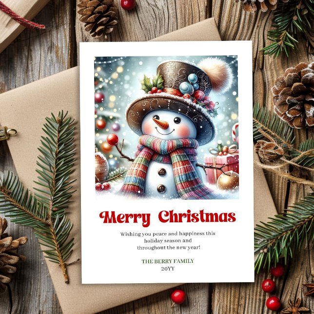 Tarjeta Festiva Joyful cartoon snowman festive red green gold kids (Joyful cartoon snowman festive red green gold kids Holiday Card)