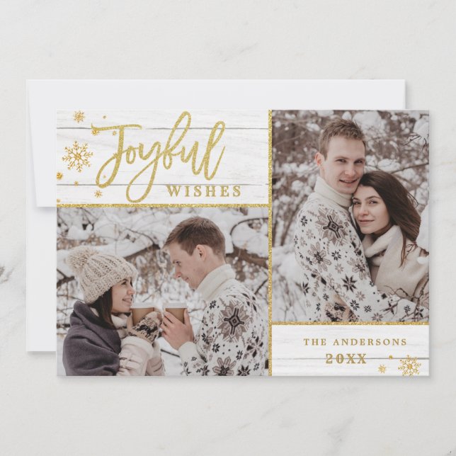 Tarjeta Festiva Joyful Gold Frame Moderno Script 2 Fotos Saludo (Anverso)