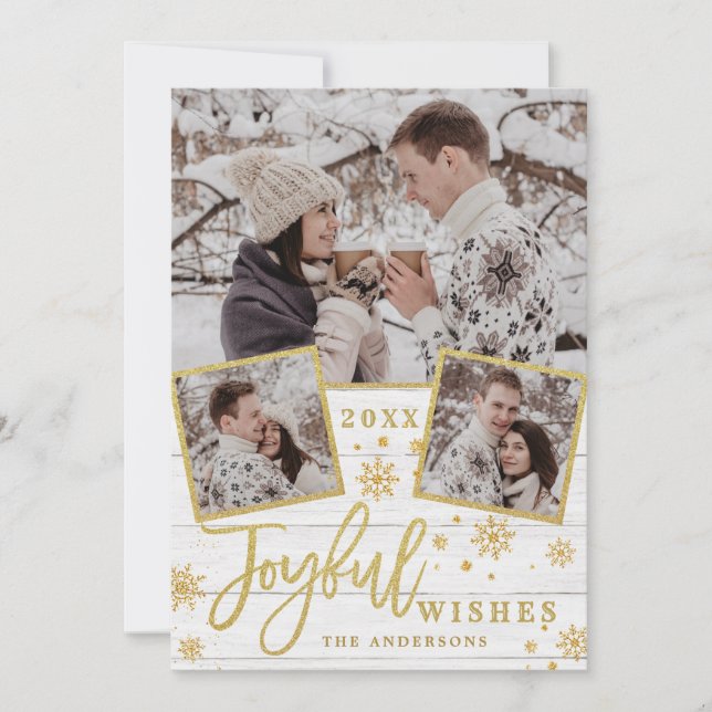 Tarjeta Festiva Joyful Gold Frame Moderno Script 3 Fotos Saludo (Anverso)