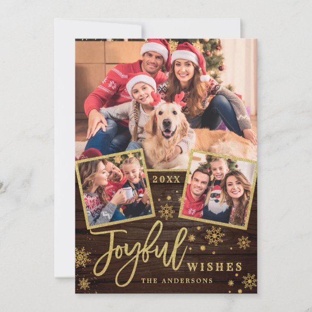 Tarjeta Festiva Joyful Gold Frame Moderno Script 3 Fotos Saludo (Anverso)