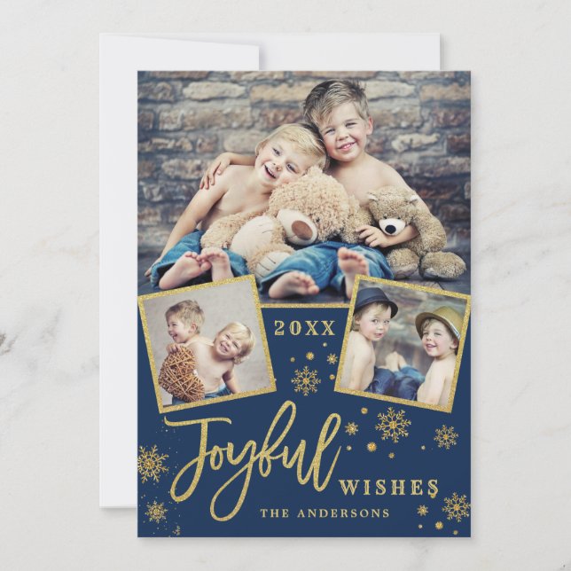 Tarjeta Festiva Joyful Gold Frame Moderno Script 3 Fotos Saludo (Anverso)