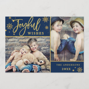 Tarjeta Festiva Joyful Gold Frame Navidades 2 Fotos Saludo