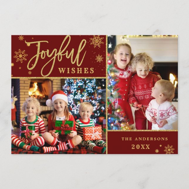 Tarjeta Festiva Joyful Gold Frame Navidades 2 Fotos Saludo (Anverso)
