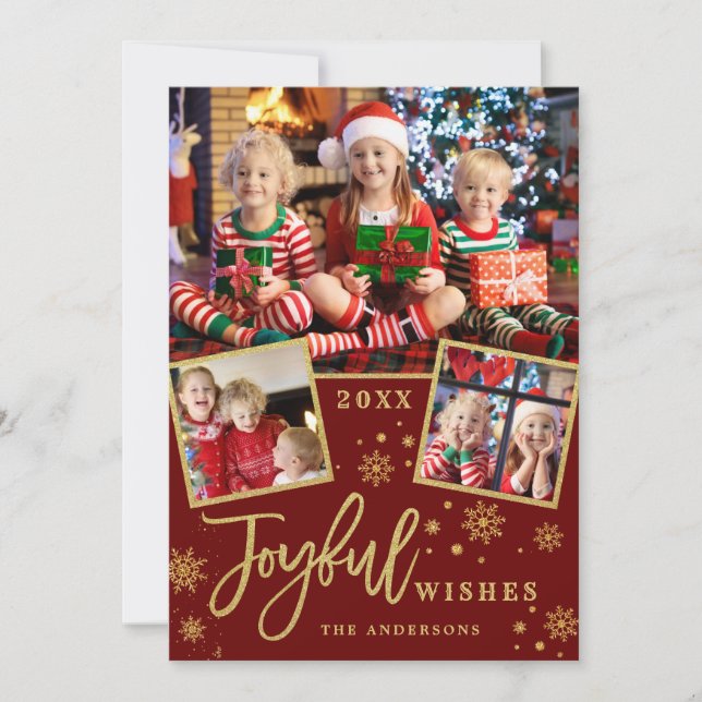Tarjeta Festiva Joyful Gold Frame Navidades 3 Fotos Saludo (Anverso)
