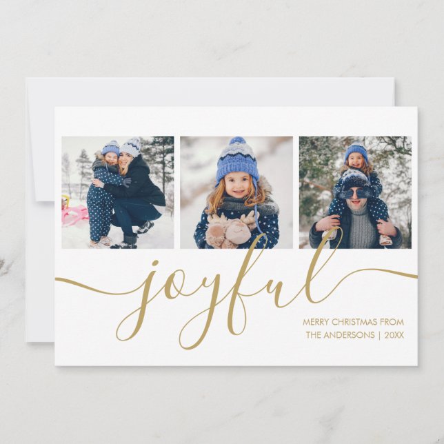 Tarjeta Festiva Joyful Gold Script 3 Navidades de fotografía (Anverso)